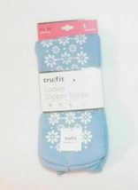 Tru Fit Ladies Slipper Sock Non Slip White Flowers Light Blue 9-11 NWT - £4.70 GBP