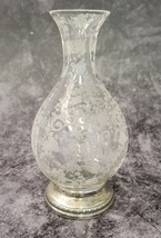 Vtg Antique Etched Floral Glass Vase Flower Bud Sterling Silver Base Sheffield - £36.58 GBP