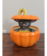 Vintage Y2K Halloween Ceramic Black Cat Pumpkin Cookie Treat Jar Caniste... - $49.49