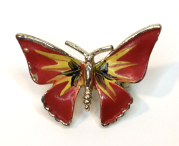 Vintage Red Yellow &amp; Black Painted Butterfly Brooch Pin - $13.00