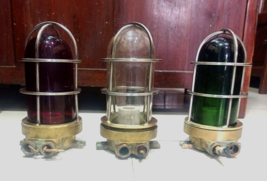 Nautical Antique Original Bulkhead Light With Brass Base &amp; with Steel Cage 3PCS - £235.56 GBP
