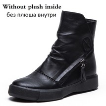 DRKANOL 2021 Vintage PU Leather Women Boots Fashion Solid Black Side Zipper Flat - £62.16 GBP