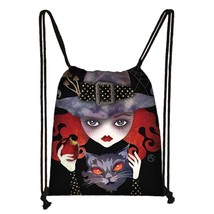Cute Witch / Fairy / Black Cat Drawstring Bag Women Shopping Bags Canvas Travel  - £8.99 GBP