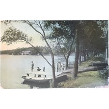 Vintage Postcard, old picture of lake, boat, trees and kids - £7.89 GBP