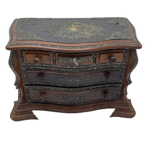 Antique Dark Wood Chest Jewelry Box Locking Music Metal Mounts Footed - $200.00