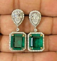 6Ct Cushion Green Emerald &amp; Diamond Drop/Dangle Earrings 14K White Gold Finish - £94.43 GBP