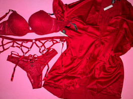 Victoria&#39;s Secret 34C,34DD,36D BRA SET+garter+panty+ROBE kimono RED lace Strappy - £134.12 GBP