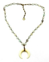 Gold Tone Beaded Green Chalcedony Off White Crescent Horn Pendant Necklace - £14.02 GBP