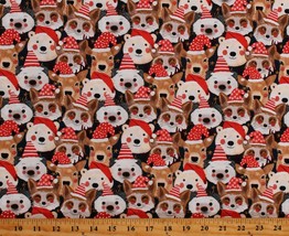 Cotton Christmas Animals Santa Hats Deer Foxes Fabric Print by Yard D505.73 - £11.92 GBP