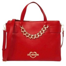 LOVE MOSCHINO Borsa PU Rosso Satchel Shoulder Bag Red Gold Chain Logo NW... - $141.67