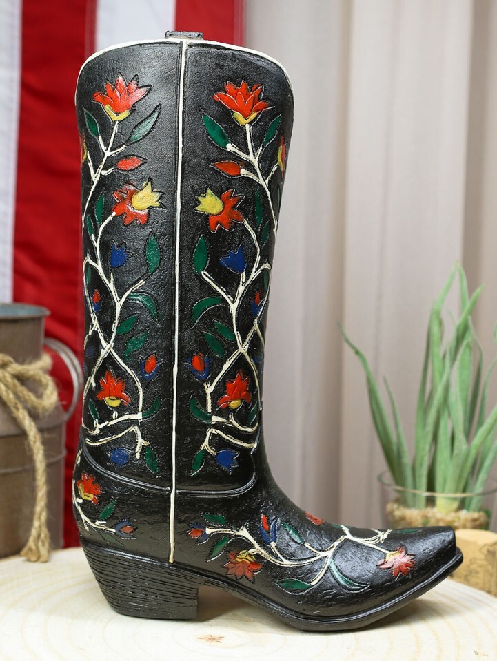 Rustic Western Black Tooled Leather Cowboy Boot With Rose Vines Vase Fig... - $30.99