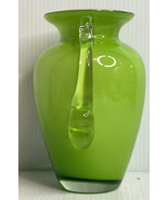 Vintage  Hand Blown Apple Green Art Glass Vase Applied ClearHandles 7.25... - £17.09 GBP