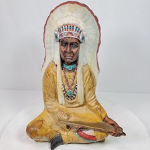 Vintage 1974 Hand Painted Native Tribal Chief Ceramic Statue 12x8x7&quot; Sig... - £65.70 GBP