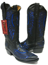 Womens Western Wear Boots Black Leather Blue Sequins Inlay Wings Size 5, 6 - $97.00