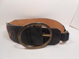 Brighton Belt B60089 Black Antique Brass Buckle Leather Stitching accents SZ 34 - £14.78 GBP