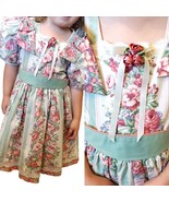 Vintage 90s Girls Floral Puff Sleeve Party Dress Sage Green Pink Bows La... - $72.45