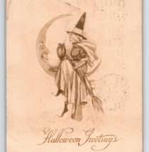 Halloween Postcard Witch Owl Sitting On Crescent Moon Man Sepia 1910 Gibson - £70.41 GBP