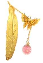New in Gift Box Gold Color Metal Feather Bookmark w Filagree Butterfly C... - $8.32