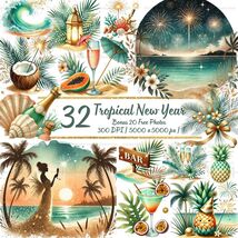 Tropical New Year Watercolor Clipart | Island Holiday PNG Bundle (Digita... - €1,81 EUR