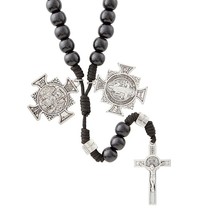 Black Lg Wood Bead St. Michael Rosary Spiritual Warrior Silver Plate Cat... - £14.66 GBP