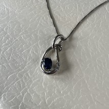 Blue Sapphire Diamond Pendant Necklace 18&quot; Sterling Silver Chain 925 Teardrop - £29.88 GBP