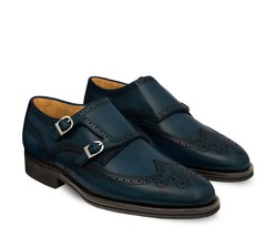 New Monk Handmade Leather Island Blue color Wing Tip Brogue Shoe For Men&#39;s - $159.00