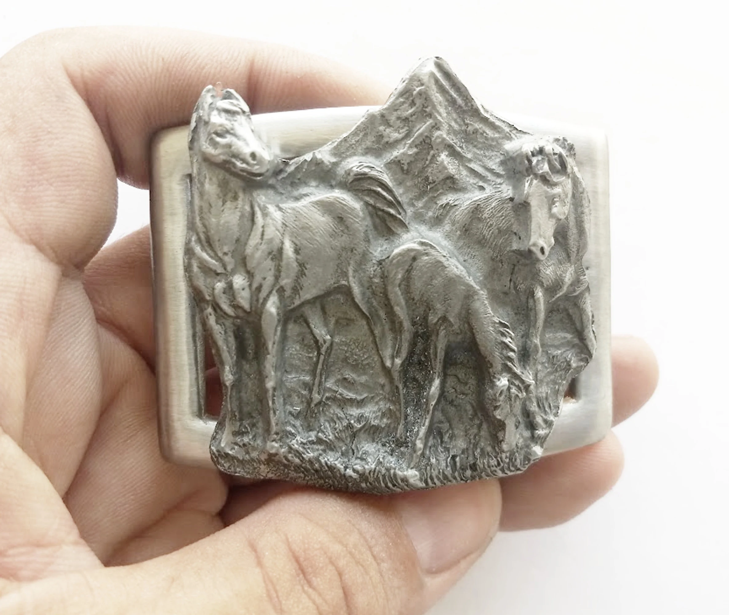Sterling silver belt buckle horse family design blackened .925 stamped - €379,50 EUR