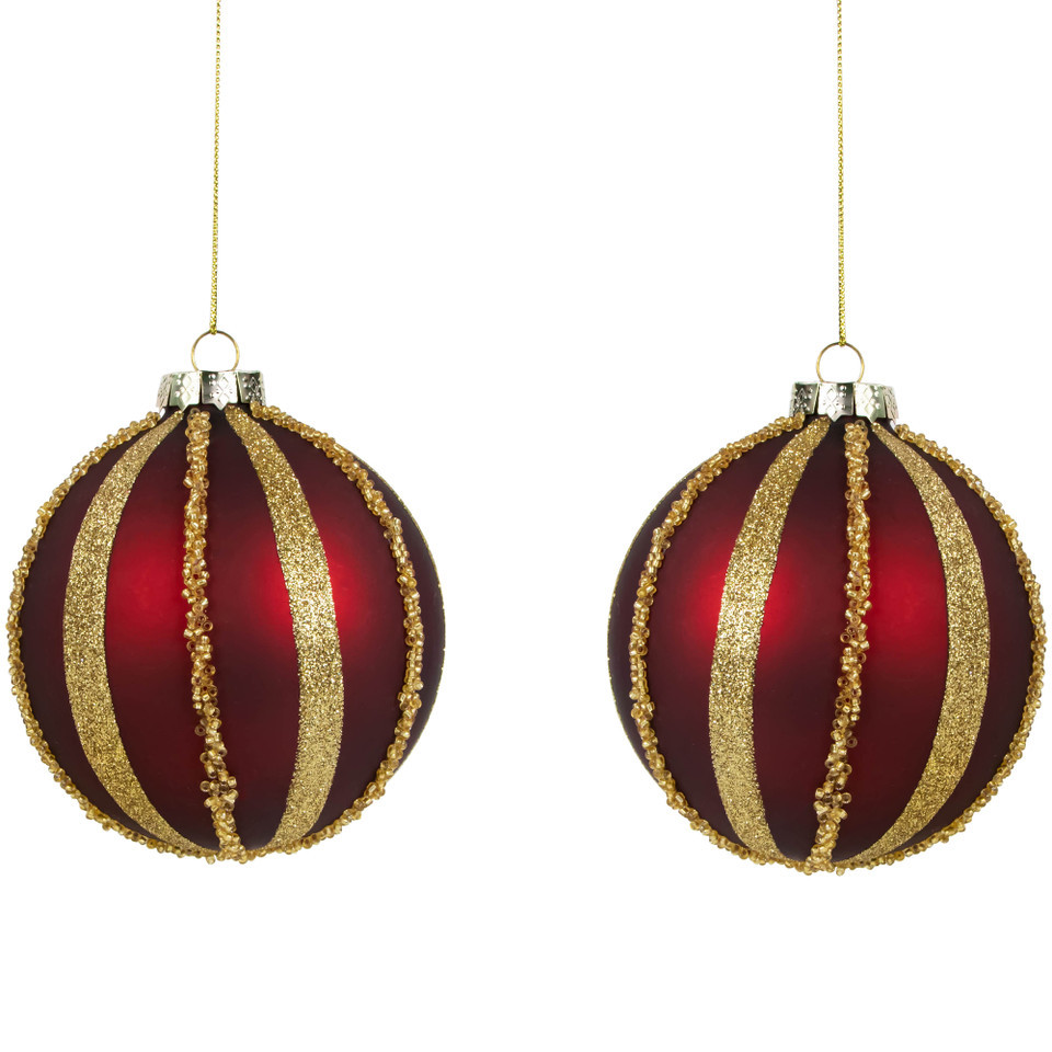 4" Set of 2 Burgundy and Gold Striped Beaded Christmas Glass Ball Ornaments