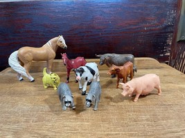 Lot of 9 Plastic Farm Animals Horse Cow Bull Calf Pig Cat Racoon Pretend... - $14.50