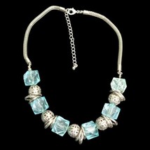 Silver Tone Chunky Aqua Marine and Silver Color Beads and Thick Chain 18&quot; - £7.15 GBP