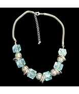 Silver Tone Chunky Aqua Marine and Silver Color Beads and Thick Chain 18&quot; - $9.28