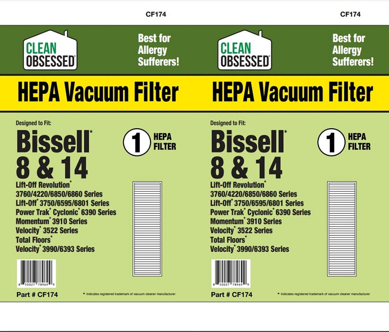 CF174 Bissell Style 8/14 HEPA Filter w/Charcoal,2/Pk - £14.39 GBP