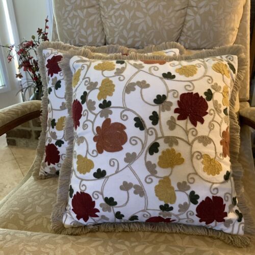 Embroidered Decorative Floral Throw Pillow 14" X 14" Fall Colors Tassels Set - £21.01 GBP