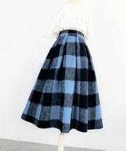 Winter Blue Plaid Midi Skirt Outfit Women Plus Size Woolen Midi Party Skirt image 2