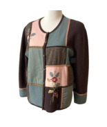 Vtg Koret Cardigan Patchwork Floral Embroidered Wool Sweater Sz PL Pearl... - $18.99