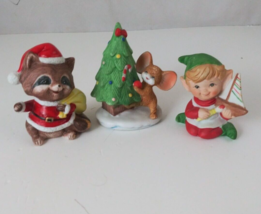 Vtg Homco Set Of 3 Christmas Figurines Mouse Trimming Tree, Santa Raccoo... - $29.09