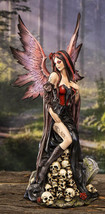 Black Sorceress Skulls Fairy with Red Rose Standing On Tombstone Figurine 15&quot;H - £63.92 GBP