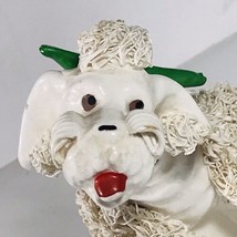 Vintage White Spaghetti Poodle w/ Green Bow Sticking Tongue Out 4.75&quot; Tall Japan - £21.07 GBP