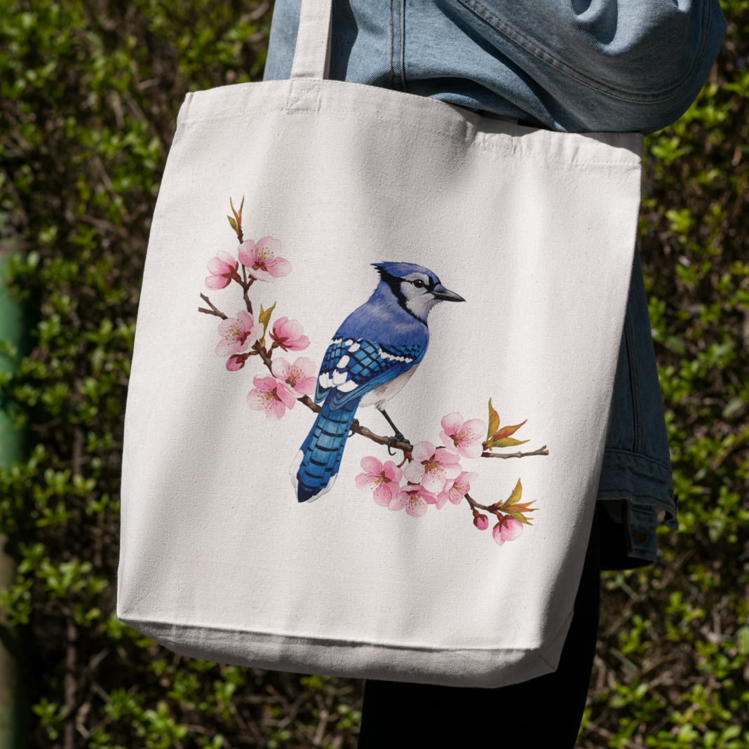Blue Jay &amp; Blossoms Tote Bag – Bold Beauty in Bloom - $15.00