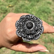 Ebony Wood Flower Carved Handmade Ring, 40 mm dia, US 9.25 Ring Size, D11 - $20.26
