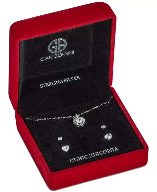 3-Pc. Set Cubic Zirconia Heart Halo Pendant Necklace & Two Pair Solitaire Stud E - $65.05
