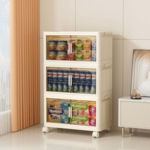 Side Wide Folding Plastic Storage Cabinet 3-Tier Magnetic Door Wheels - $56.99