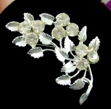 Pin Rhinestone Flower And Leaves Brooch Vintage Floral Leaf Silvertone 2&quot; - £13.58 GBP