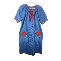 Cotton Blend Hippy Vintage Sleepwear House Dress Denim Blue Red Hearts P... - $34.99