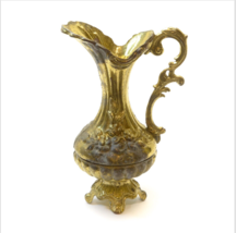 Vintage Small Pitcher Jug Vase Cast Metal Brass Tone Flower Ornate Victorian 7&quot;h - £11.84 GBP