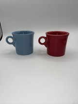 FiestaWare Ring Handle Coffee Mugs Set 2 Homer Laughlin HLC USA Cups Red &amp; Blue - £16.51 GBP