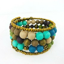 Frosted Blue Green Beige Gold Tone Bead Stack Bracelet Wrap Handcrafted  - £31.96 GBP