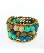 Frosted Blue Green Beige Gold Tone Bead Stack Bracelet Wrap Handcrafted  - £31.59 GBP