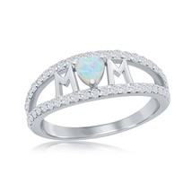 Sterling Silver &#39;MOM&#39; Opal Heart and CZ Ring - £32.85 GBP