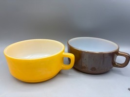 Vtg Anchor Hocking Fire King Stackable Soup Bowl Handle Yellow Brown - $324.69 MXN